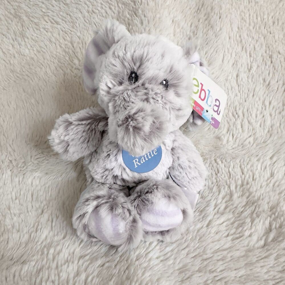 New Ebba Aurora Plush Elephant Gray Rattle 7” Striped Ears Baby Rattle